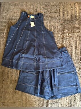 NWT Free People Beach Stradea Navy Stitch-Detail Tank & Shorts Set